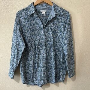 Two Twenty Blue Floral Cotton Button Down Blouse